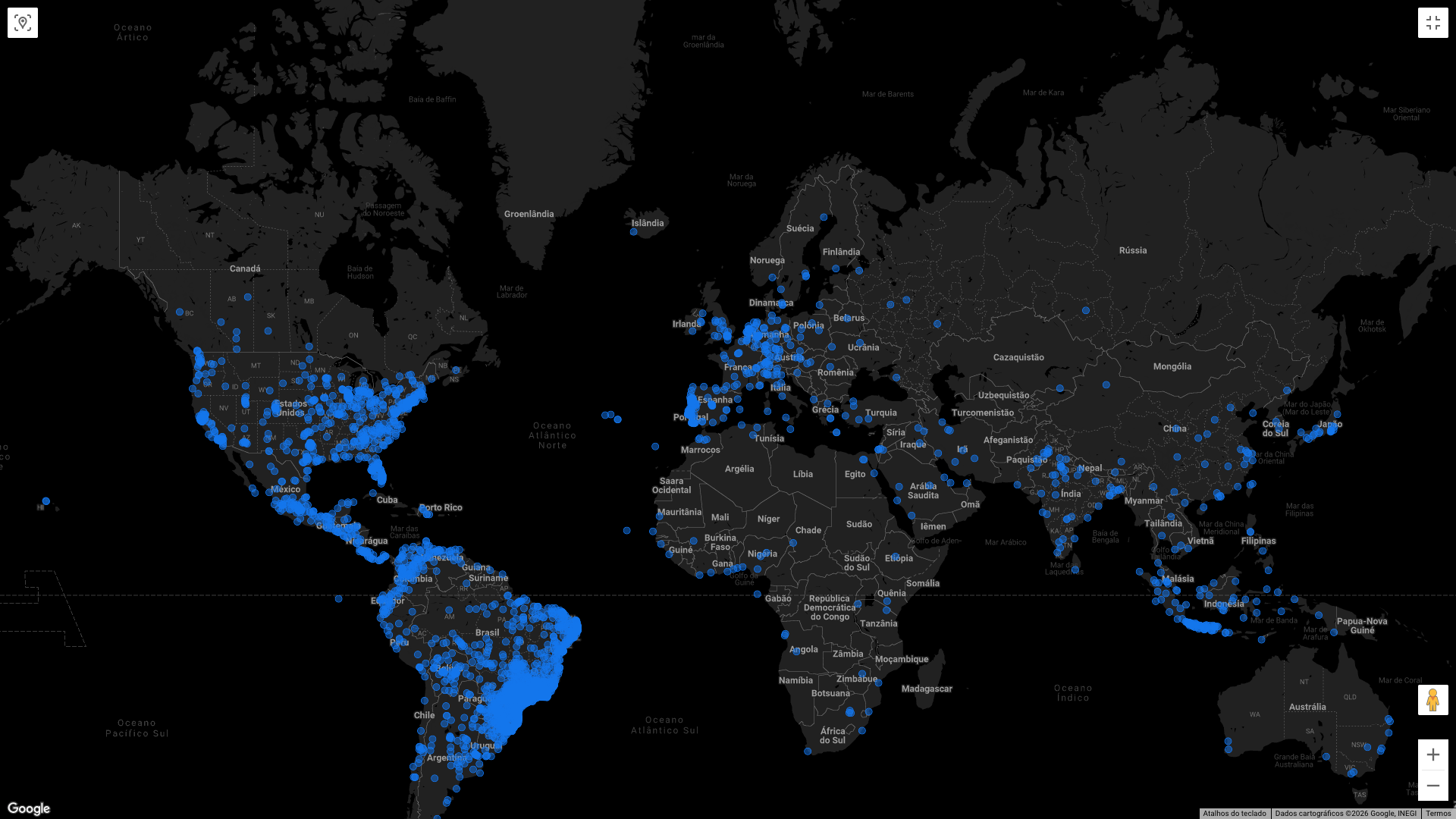 Mapa-múndi com os acessos aos projetos Clickweb